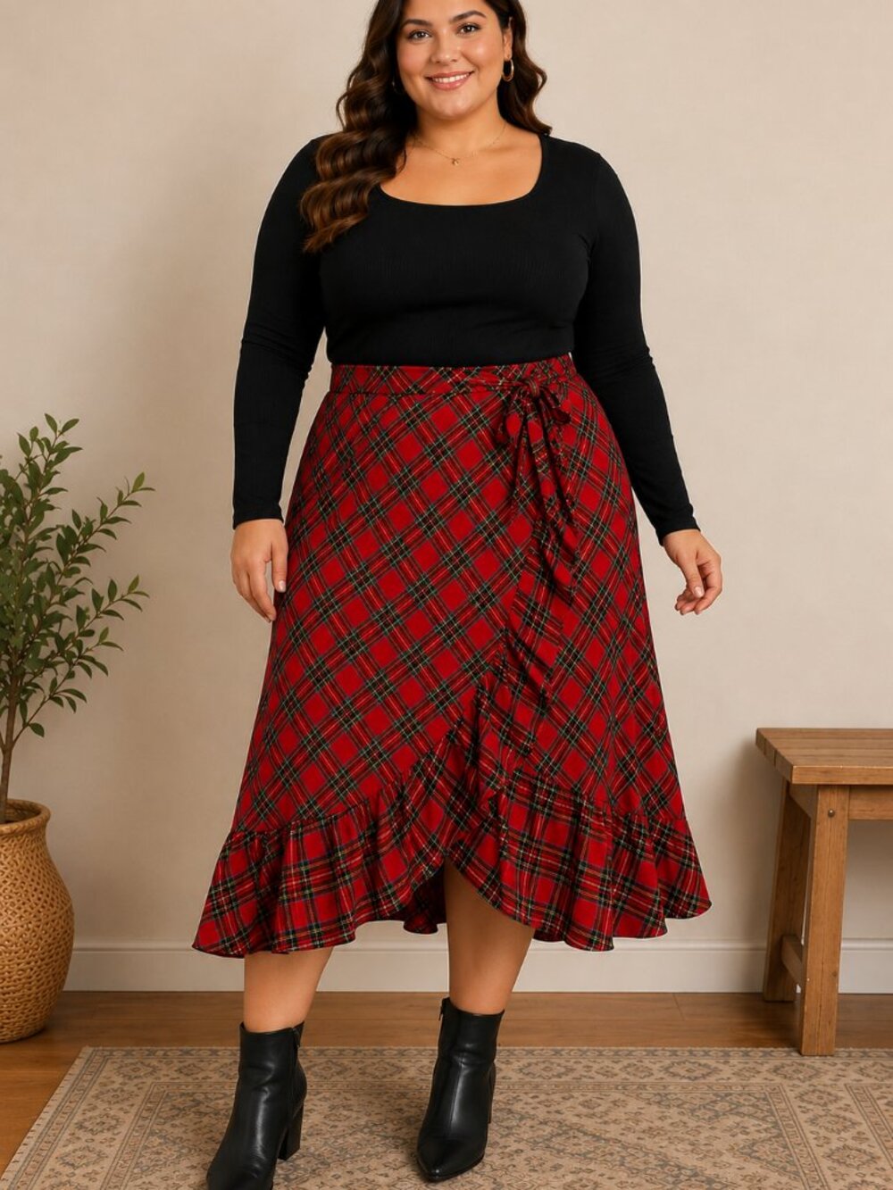 SHEIN Curve Women's Red Tartan Plaid Faux Wrap Ruffle Midi Skirt - Size 2XL